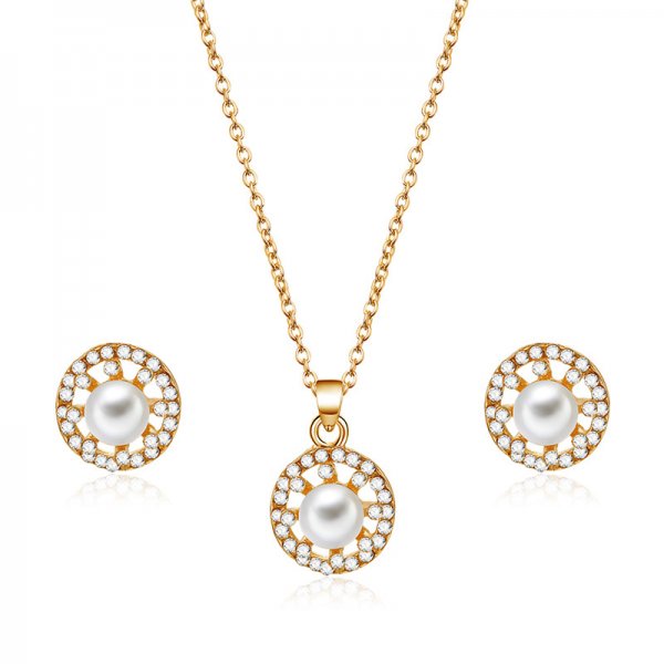 Fashion Simple Alloy Inlaid Pearl Necklace And Earrings Two-piece Set