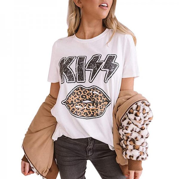 Printed Leopard Lips Crew Neck Short Sleeve Blouse